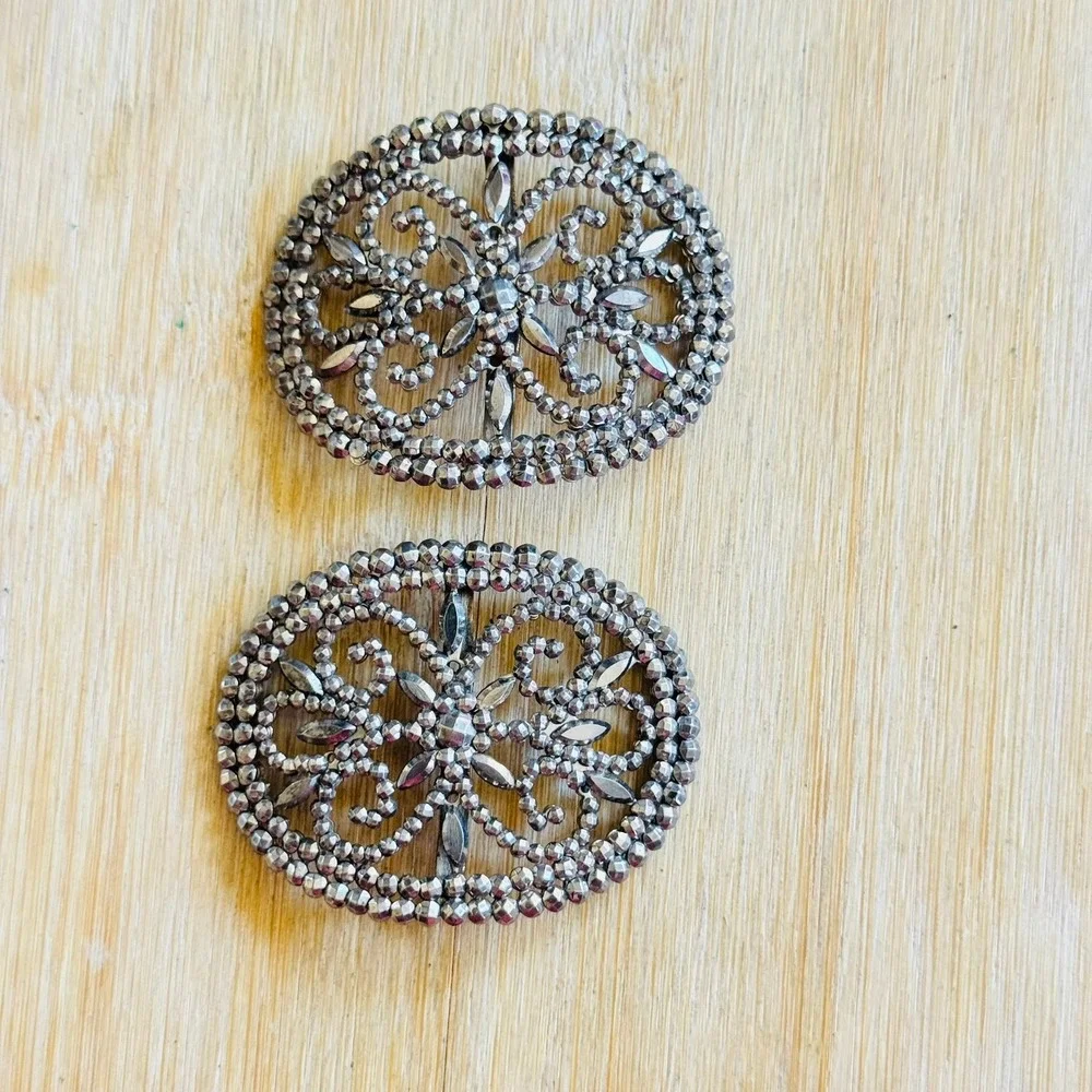 VTG Victorian Antique Pair Steel Cut Sash Shoe Buckle Made In France Lattice